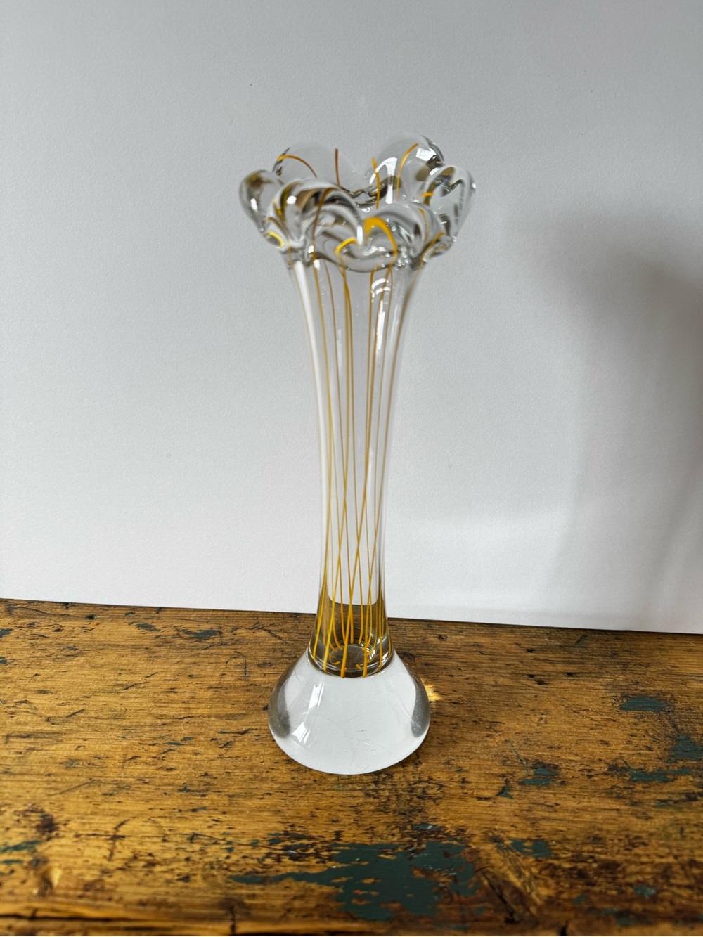 Tall Clear Glass Bud Vase with Yellow Threading